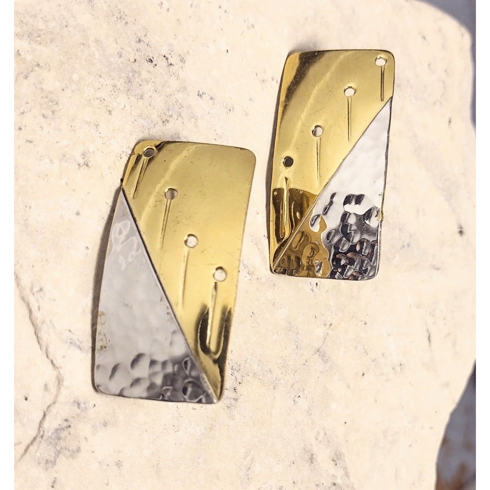 Vintage Two Tone Brass Hammered Silver Tone Modernist Earrings Signed